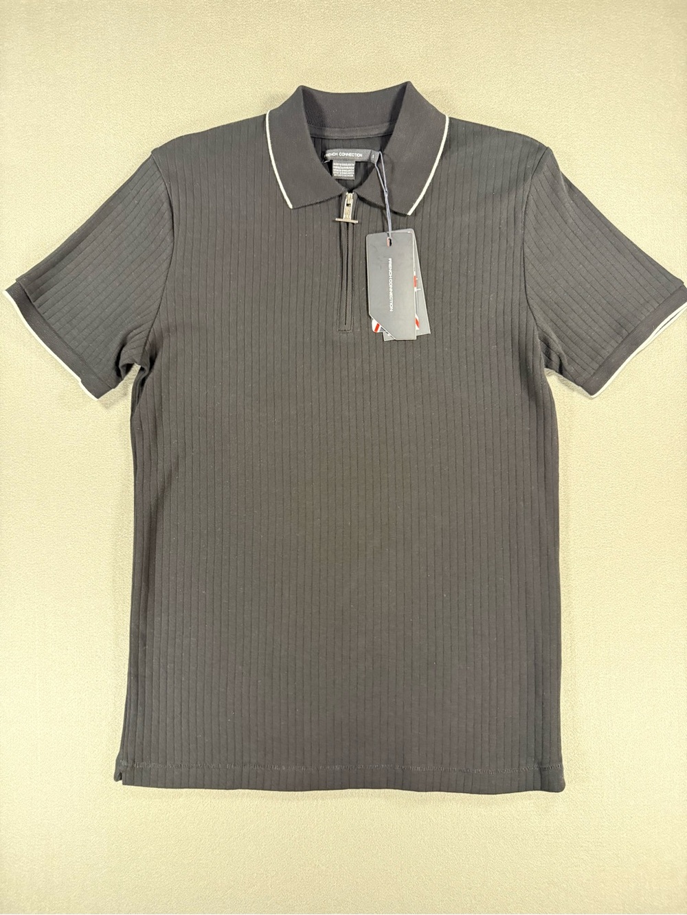 Brand New Mens Black Ribbed Short Sleeve Zipper Polo By French Connection Size S